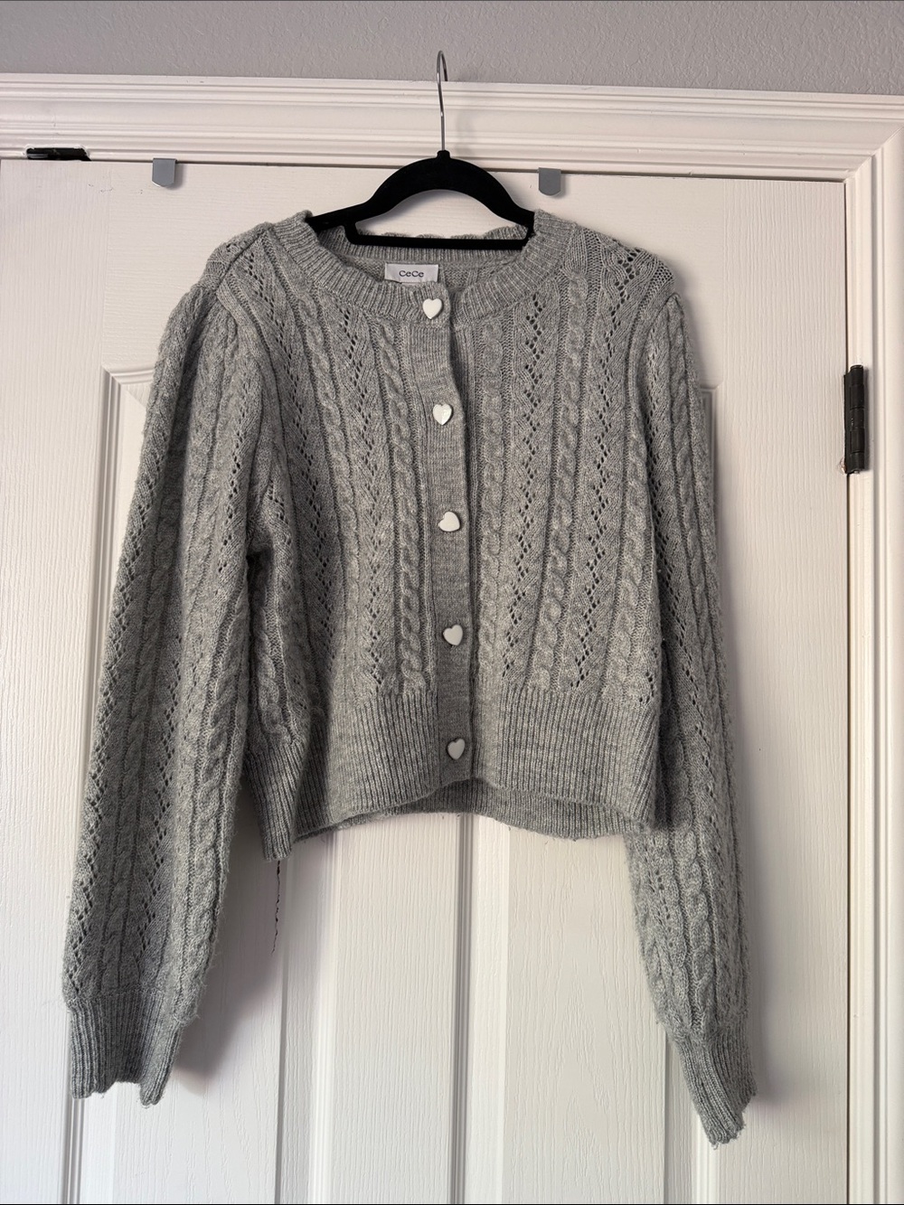 CeCe Gray Cable-Knit Cardigan with Heart Buttons